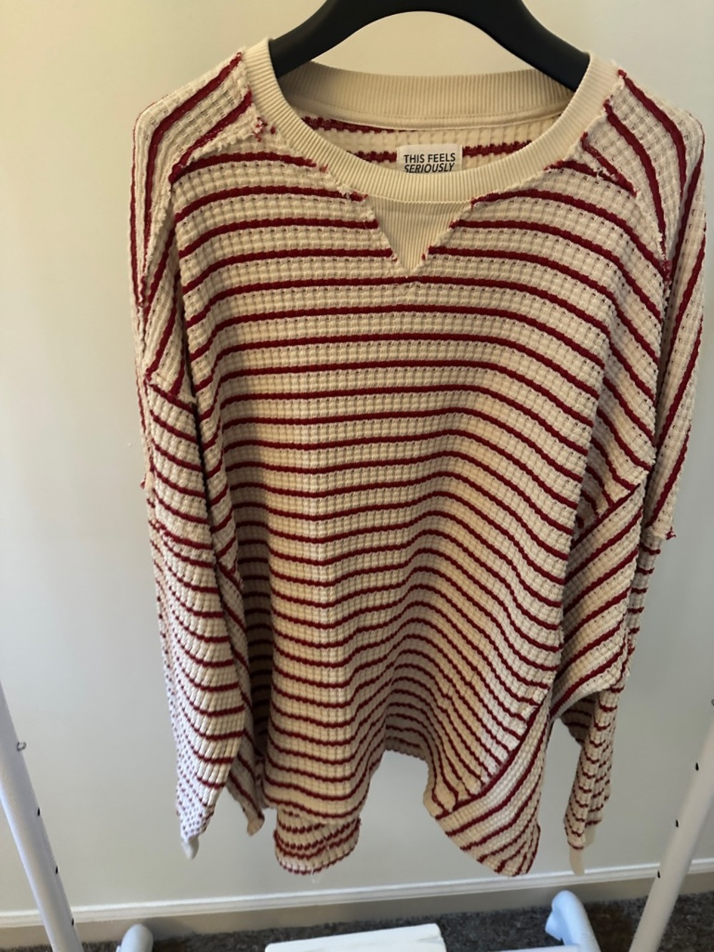 American Eagle Outfitters Cream & Red Striped Waffle Knit Sweatshirt Over sized